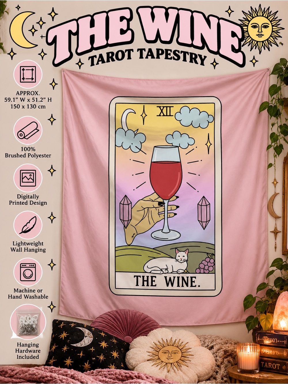 The Wine Tarot Card Tapestry Pink Witchy Boho Wall Decor 59x51 New in Package - Picture 2 of 2